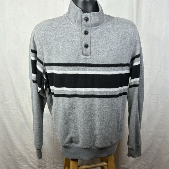 Chaps Sweater Mens Large Gray Black Stripe 1/4 Button Neck Pockets‎ Sweatshirt - Picture 2 of 16